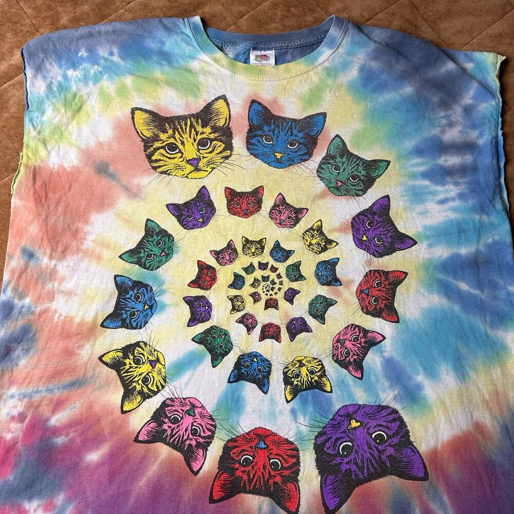 Vintage Shirt Tie Dye Kitty Cat Head Colorful Psychedelic Size 2XL Cut Sleeves